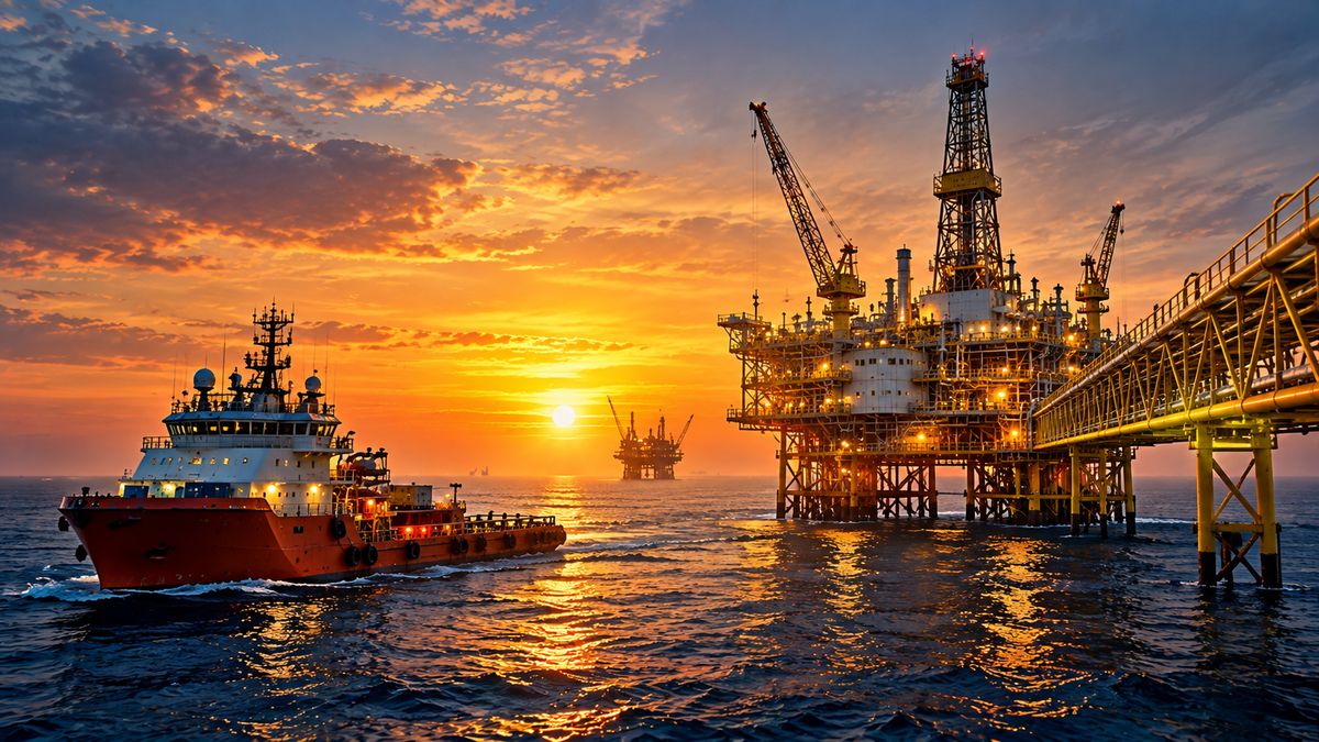 Offshore support vessel alongside an oil and gas platform at sunset