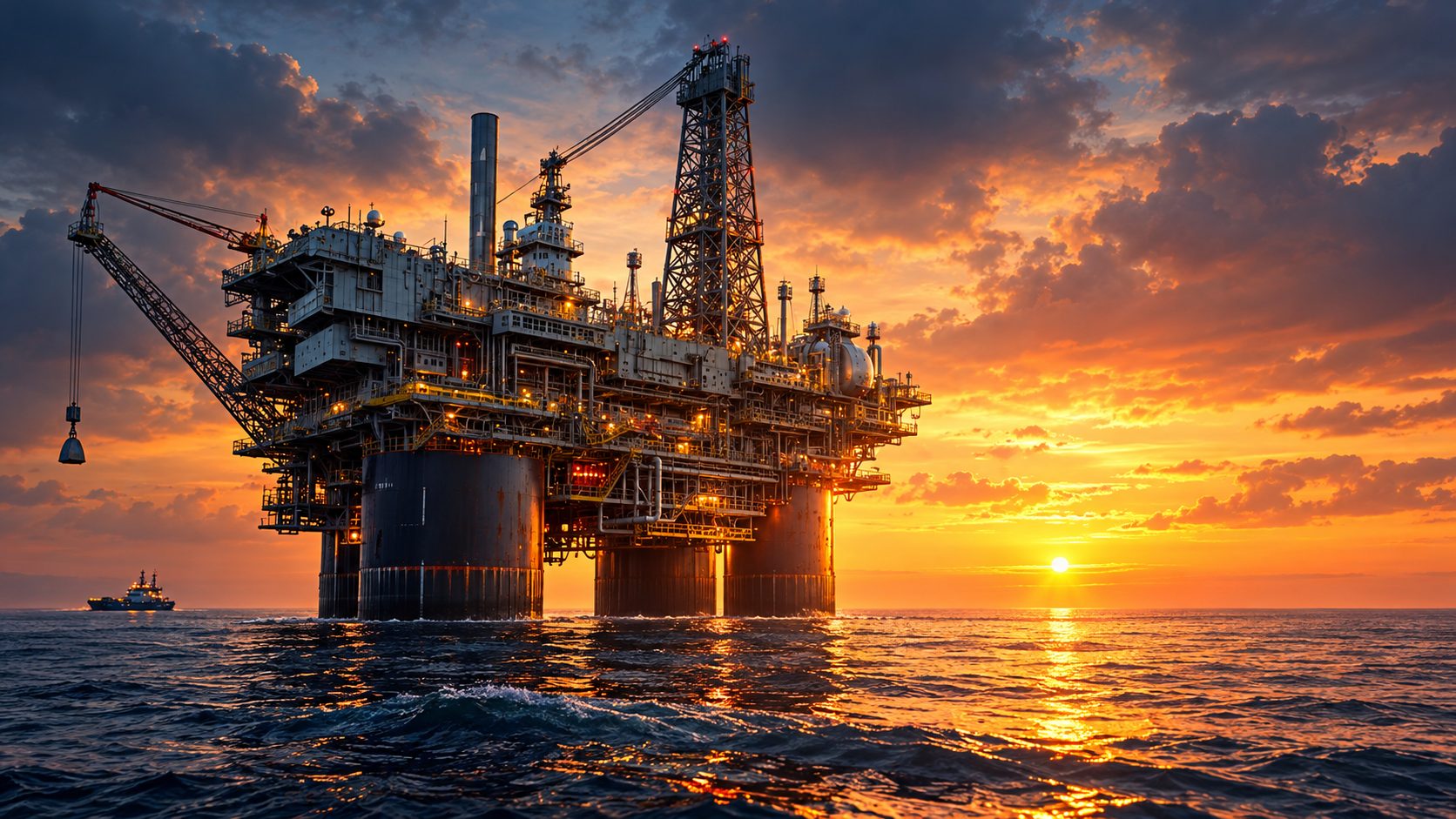 Offshore oil and gas production platform at sunset