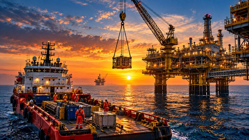 Offshore support vessel crew handling cargo beside an oil and gas platform at sunset