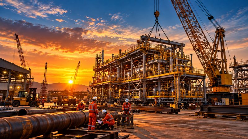 Crew working beside a pipe-rack module lifted by crane in an onshore fabrication yard at sunset